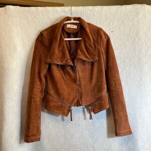 MOD brown faux suede biker jacket with zipper accents preowned excellent size S